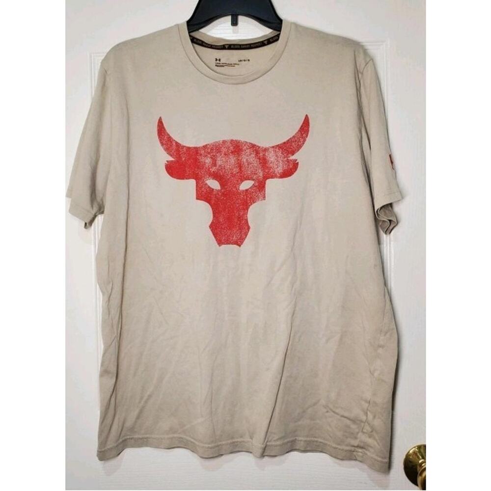 Under Armour Project Rock Mens Large Tan T‑Shirt Brahma Bull Logo Tee